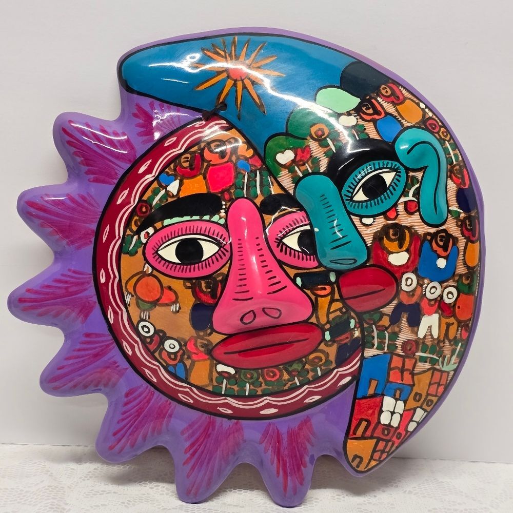 Mexican Folk Art Talavera Moon & Sun Eclipse Hand Painted Clay Ethnic Wall Decor